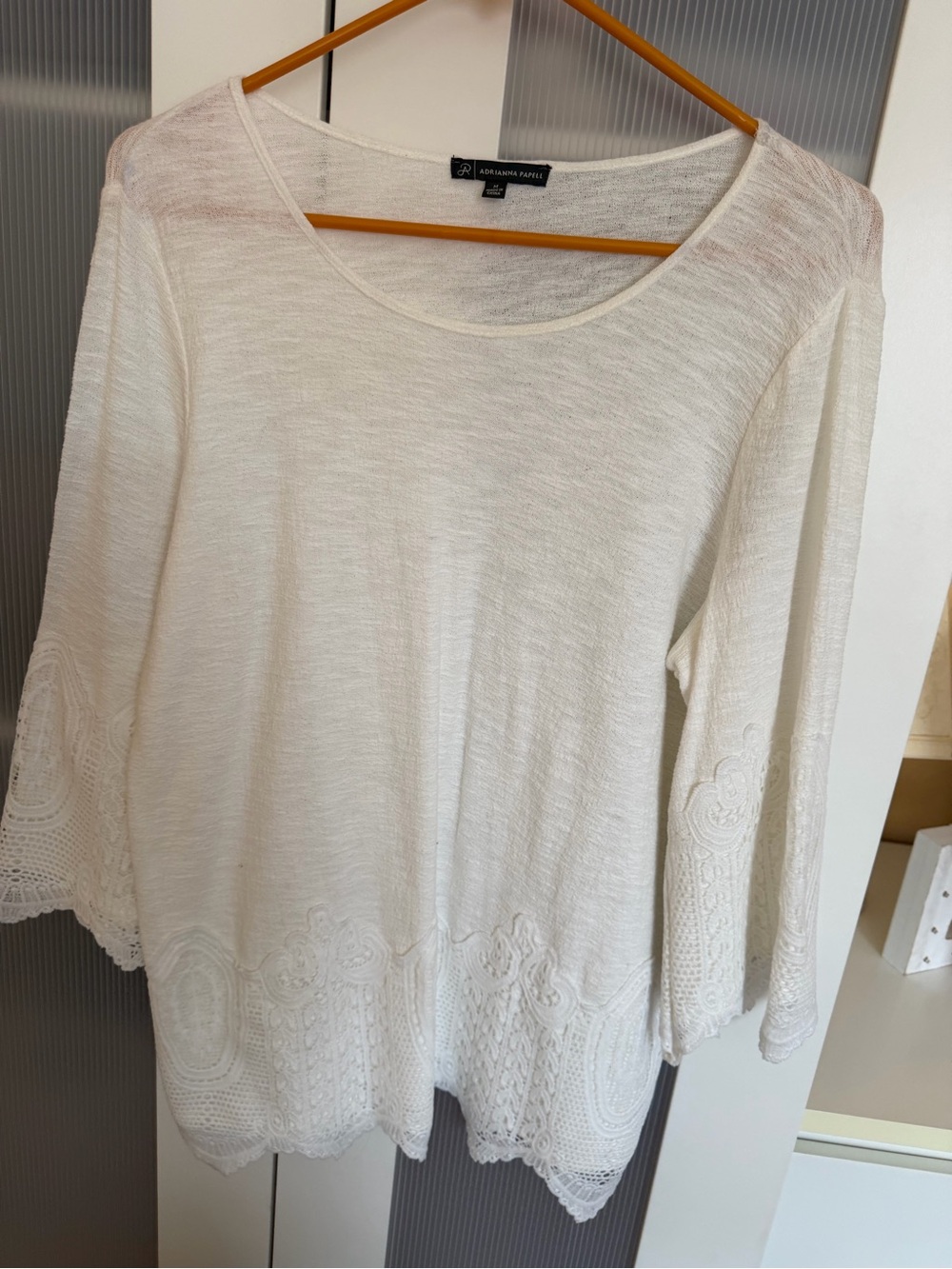 Adrianna Papell White Crochet-Hem Lightweight Knit Top